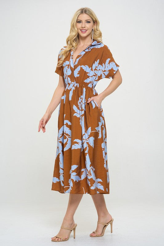 Flower Print Collared V neck �Dress with Pockets