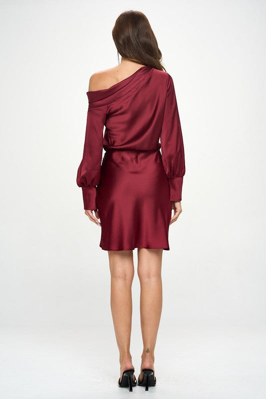 Satin Off Shoulder Ruched Asymmetrical Hem Dress with Slit Cuff