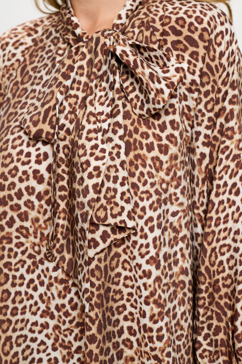 Leopard Print Puff Sleeve Dress with Front Neck Tie Detail