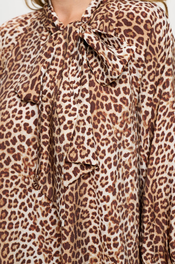 Leopard Print Puff Sleeve Dress with Front Neck Tie Detail