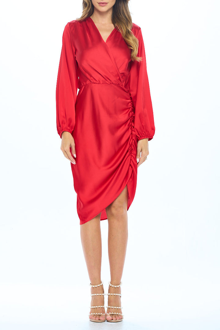 Stretch Satin Dress with Ruched Asymmetrical Hem