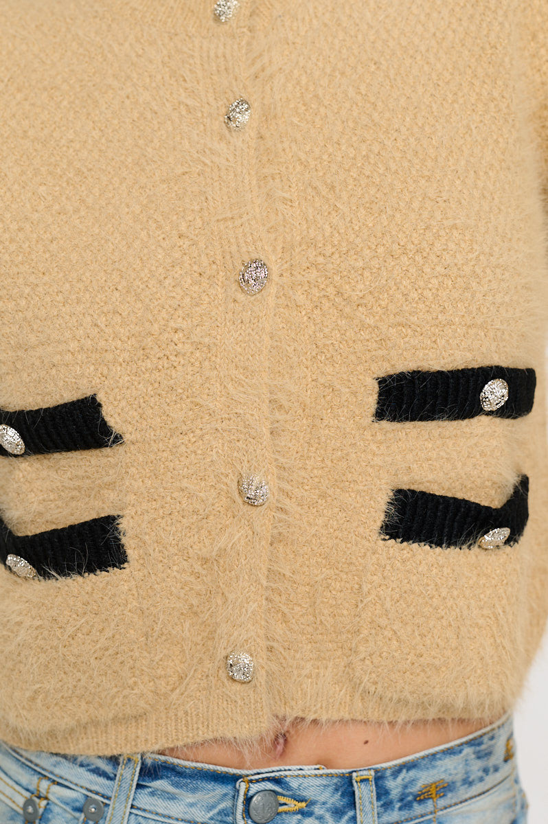 Fuzzy Long Sleeve Cardigan with Two Pockets Detail and Buttons.