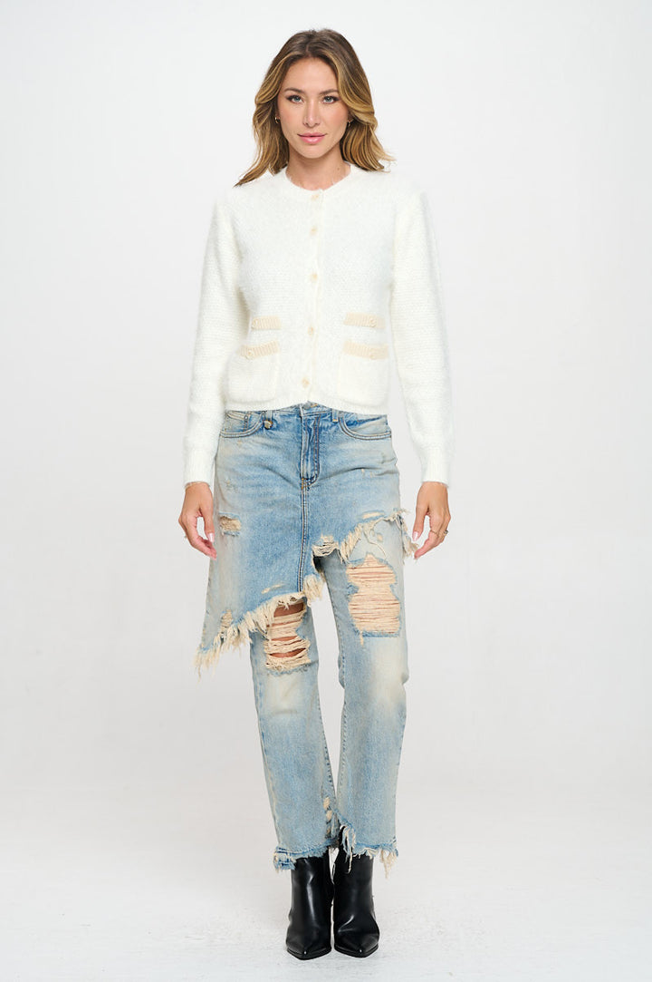 Fuzzy Long Sleeve Cardigan with Two Pockets Detail and Buttons