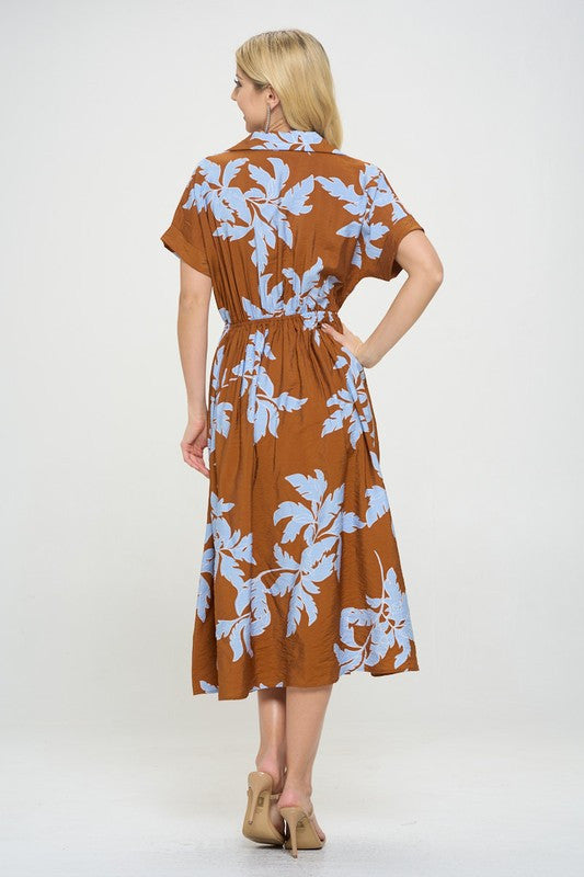 Flower Print Collared V neck �Dress with Pockets
