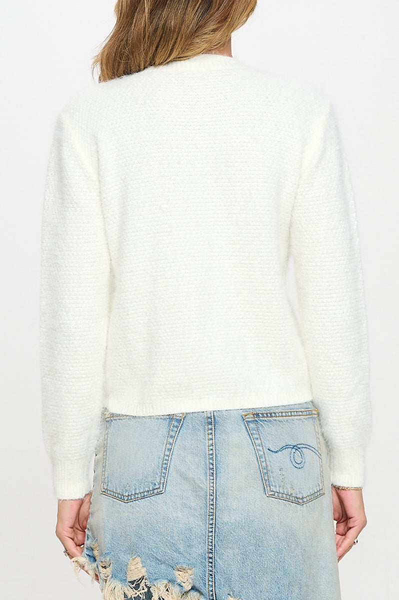 Fuzzy Long Sleeve Cardigan with Two Pockets Detail and Buttons