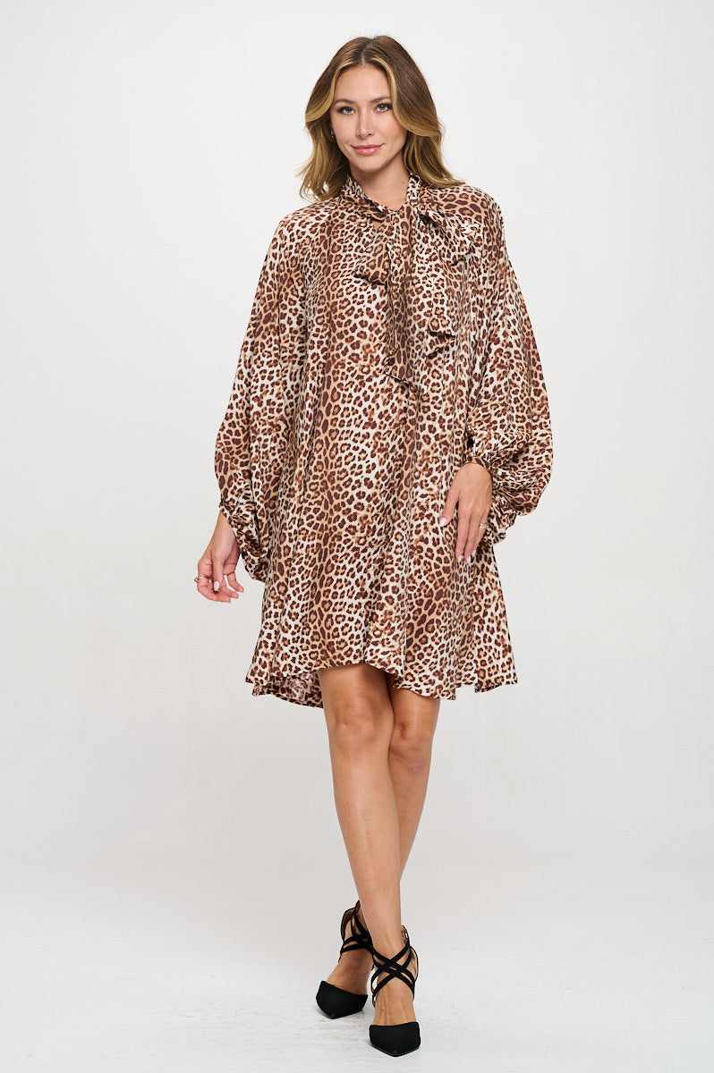 Leopard Print Puff Sleeve Dress with Front Neck Tie Detail