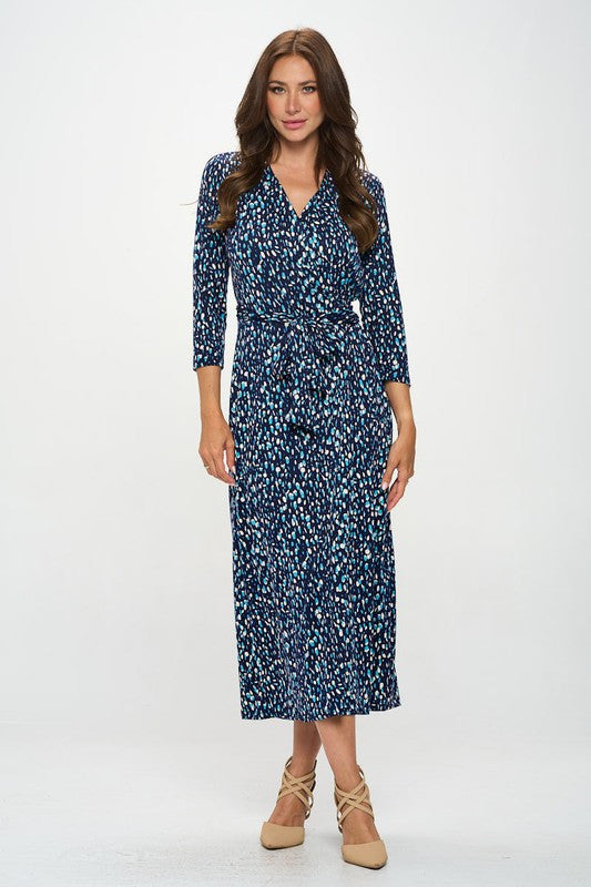 Brushed Knit Print V neck Jersey Wrap Maxi Dress with Tie-2