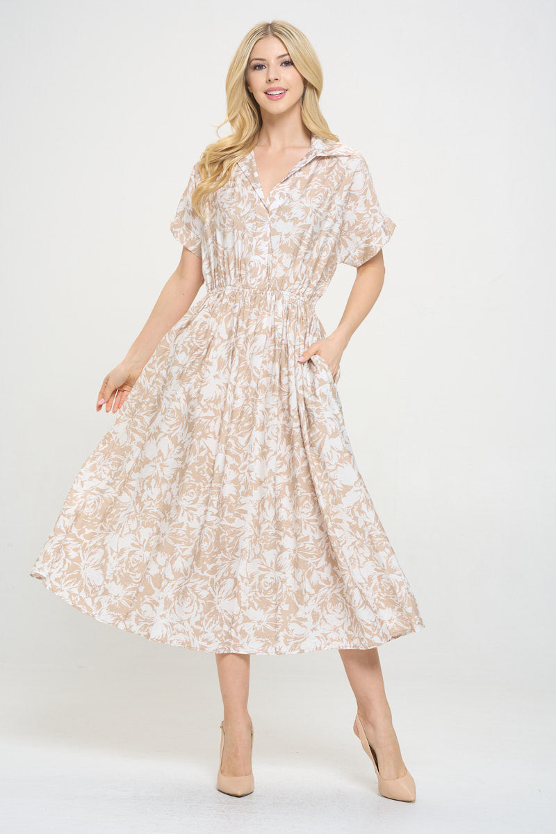 Flower Print Collared V neck Dress with Pockets