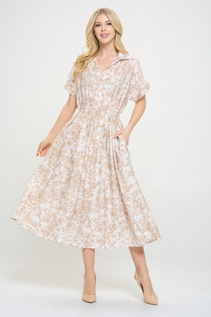 Flower Print Collared V neck Dress with Pockets