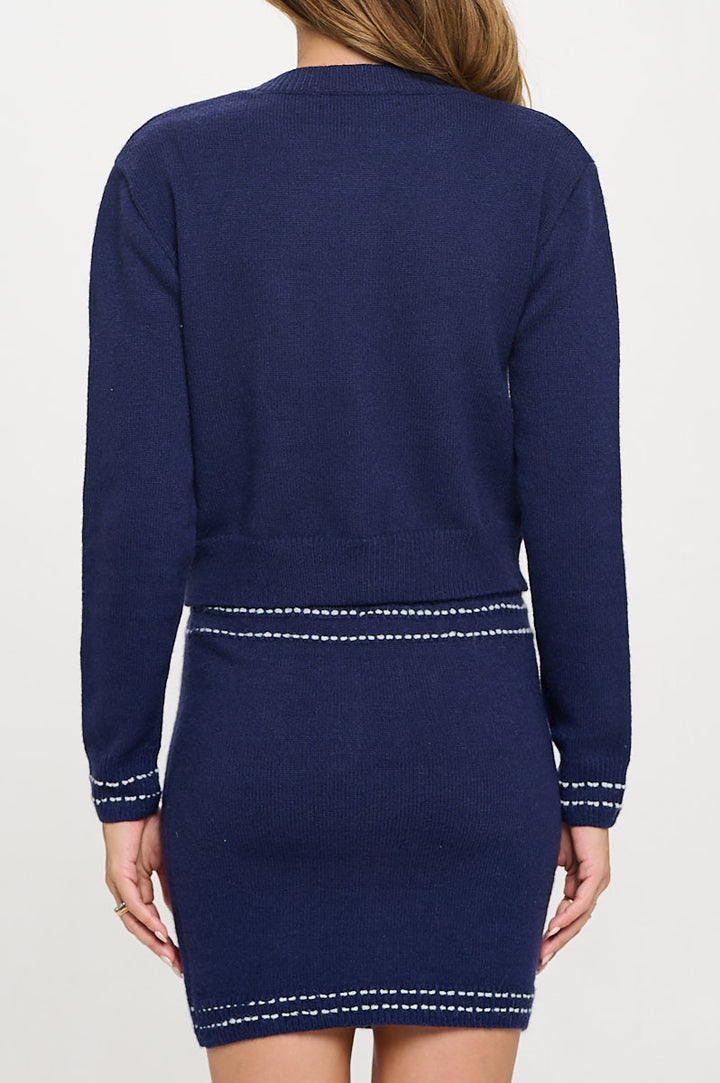 Knit Long Sleeve Cardigan Top with Stitching and Skirt Set