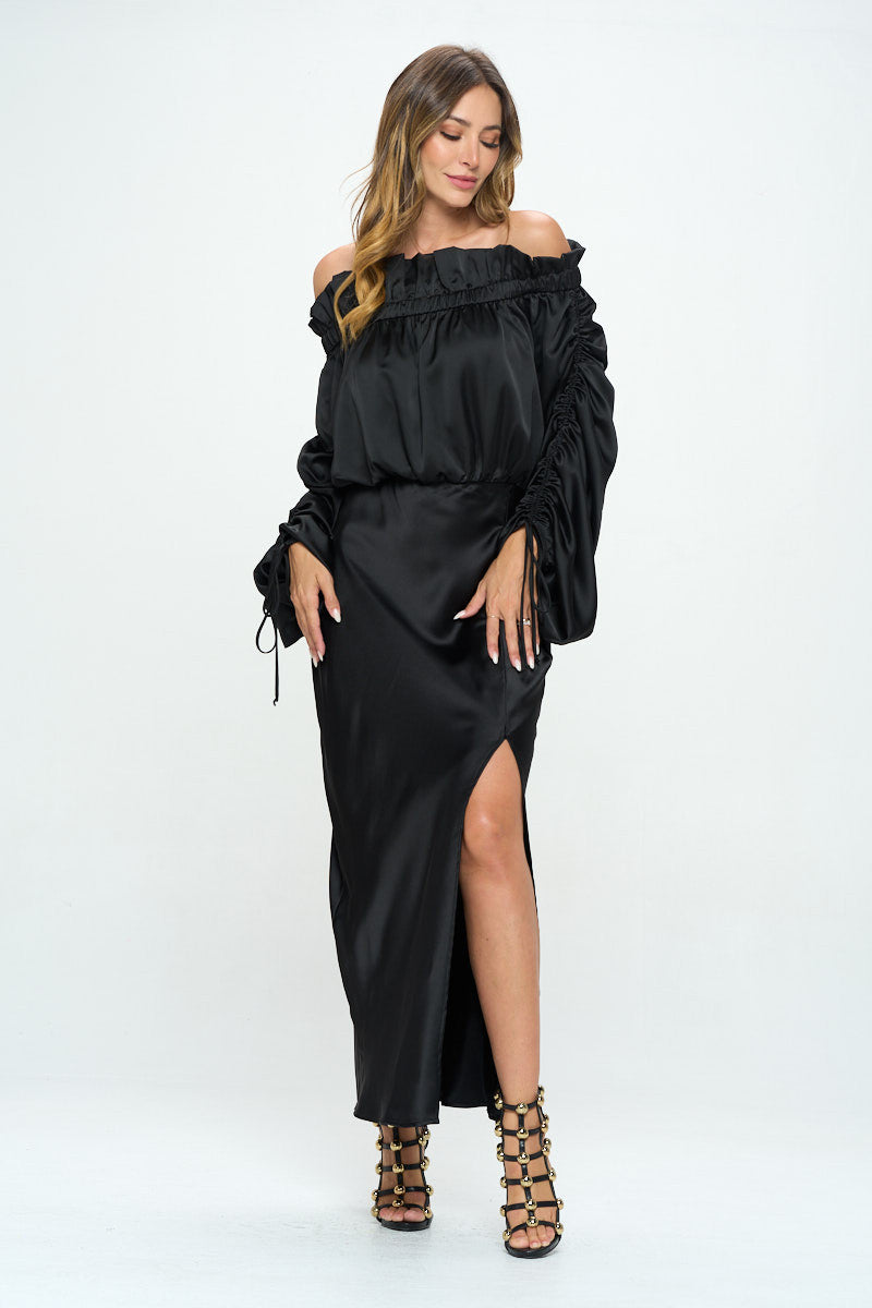 Satin Offshoulder Dress w/ Ruched Sleeve and Slit
