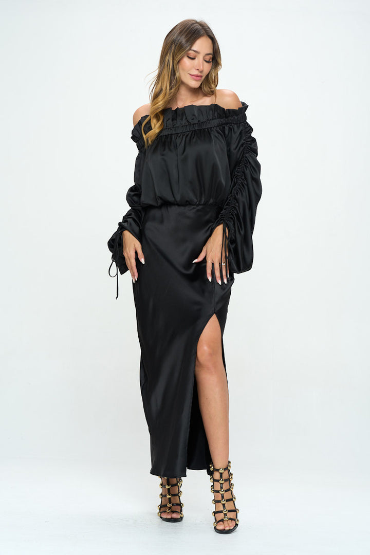 Satin Offshoulder Dress w/ Ruched Sleeve and Slit