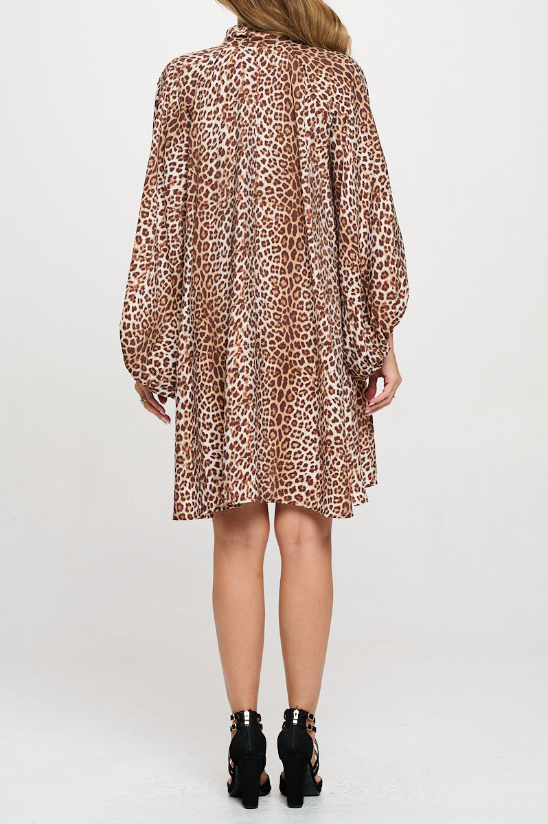 Leopard Print Puff Sleeve Dress with Front Neck Tie Detail