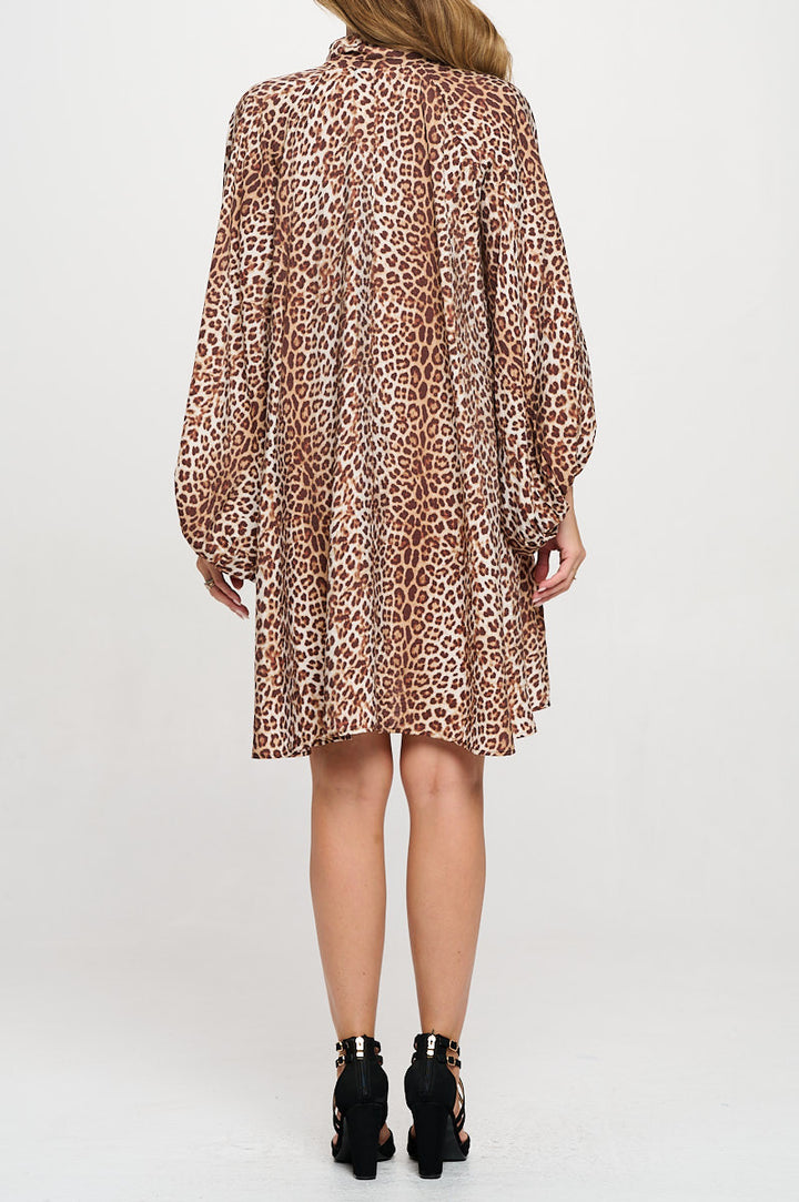 Leopard Print Puff Sleeve Dress with Front Neck Tie Detail