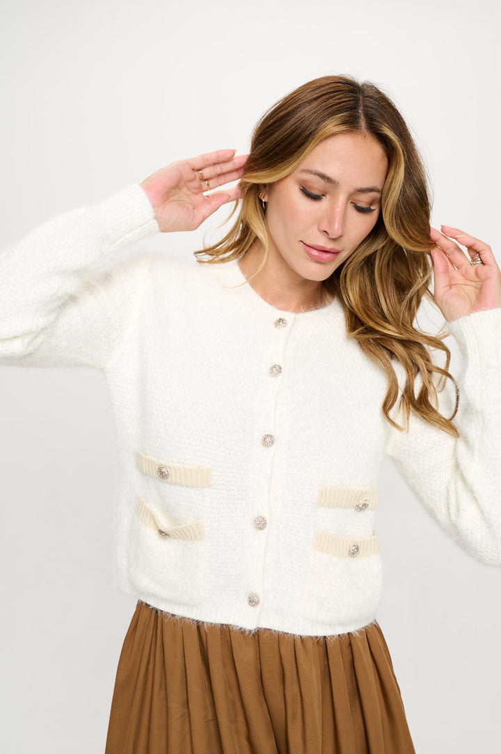 Fuzzy Long Sleeve Cardigan with Two Pockets Detail and Buttons