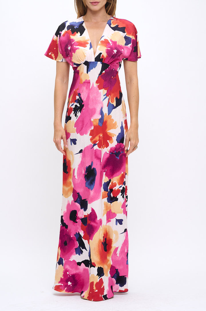 Floral Print Deep V neck Kimono Style Maxi Dress