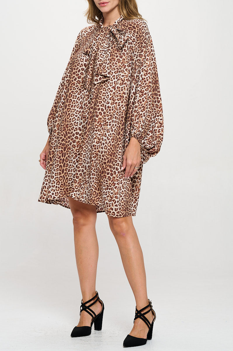 Leopard Print Puff Sleeve Dress with Front Neck Tie Detail