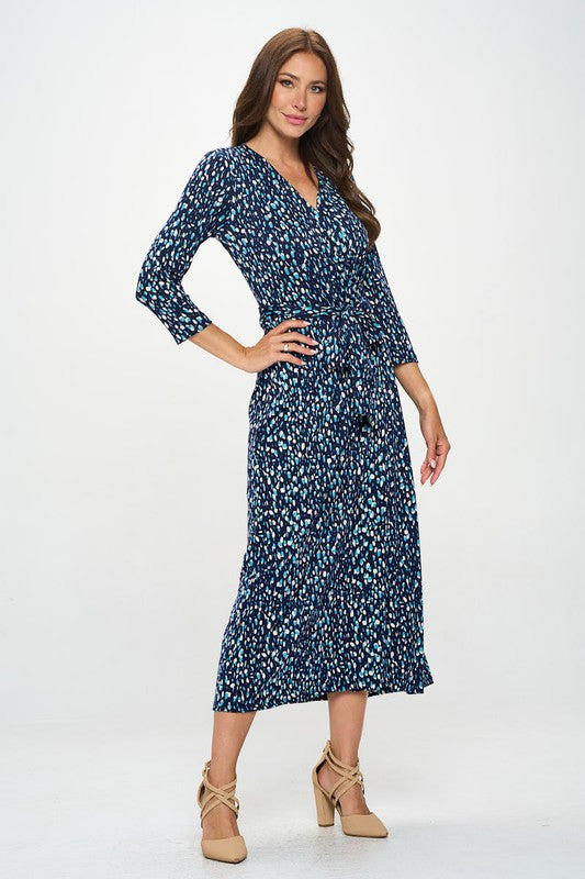 Brushed Knit Print V neck Jersey Wrap Maxi Dress with Tie-3