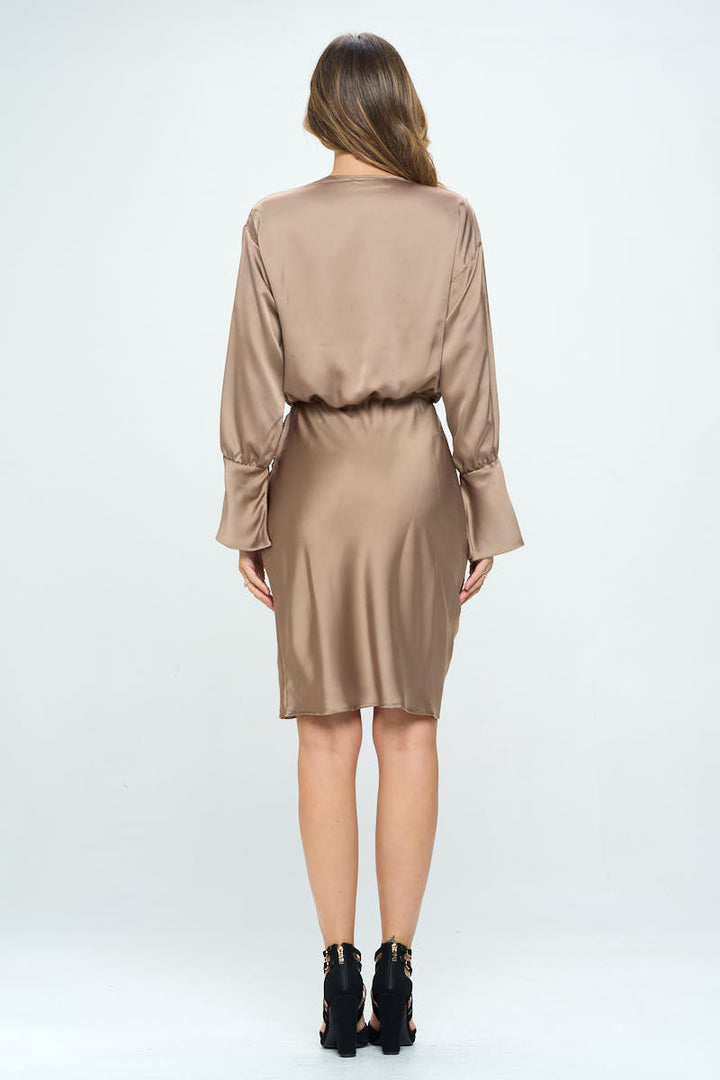 Stretch Satin Cowlneck Dress w/ Asymmetrical Hem