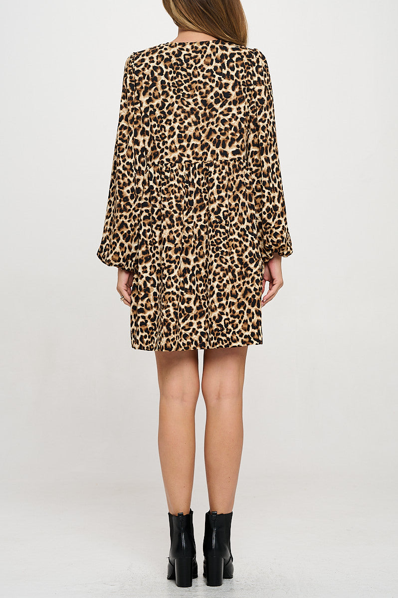 Leopard Print Long Puff Sleeve Dress with Front Tie Detail