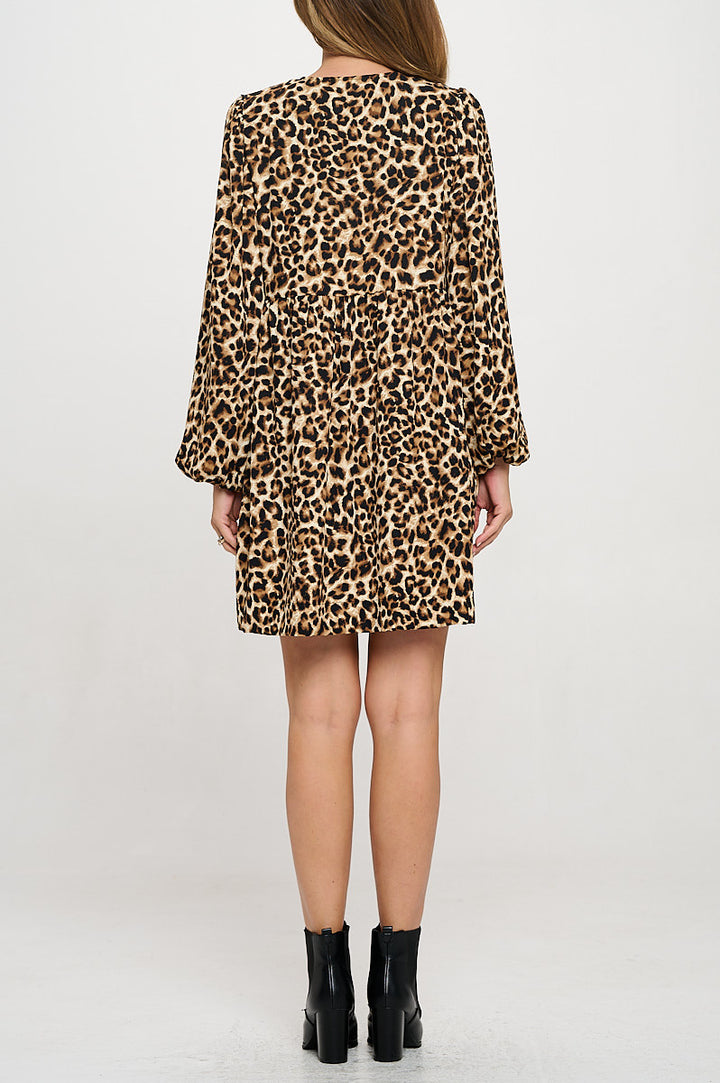 Leopard Print Long Puff Sleeve Dress with Front Tie Detail