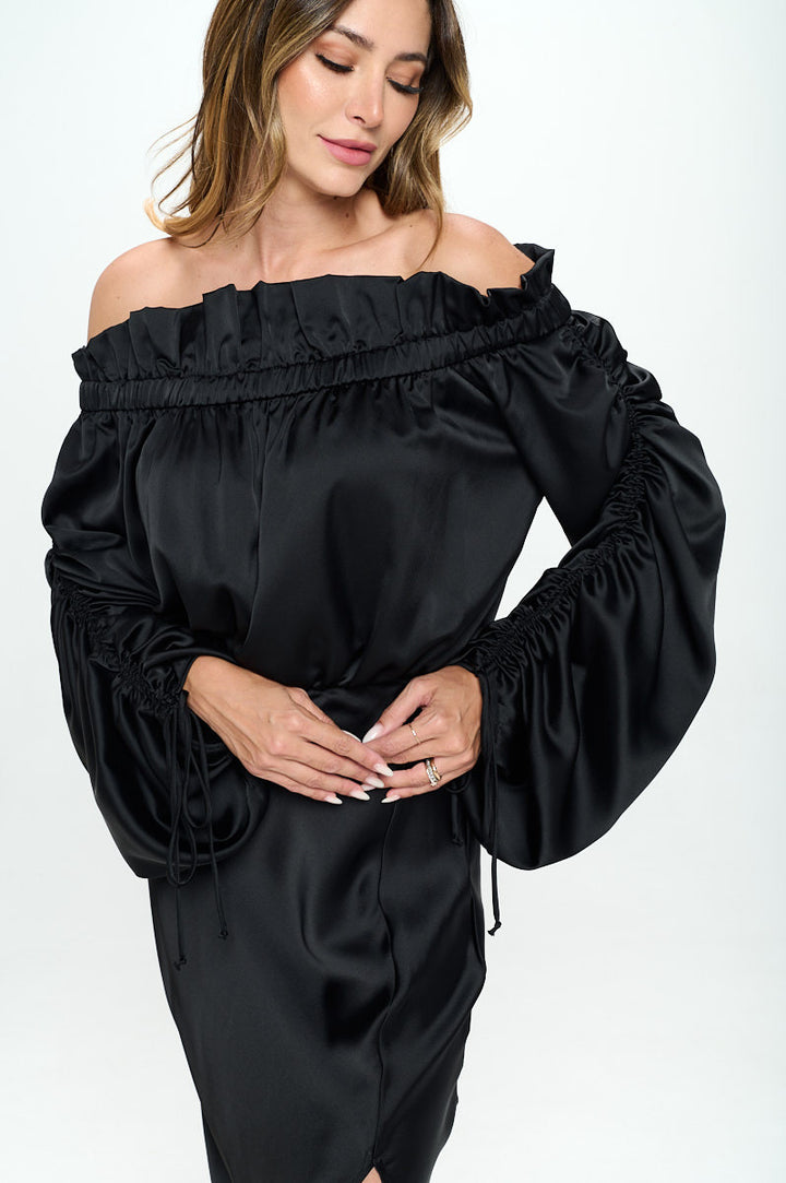 Satin Offshoulder Dress w/ Ruched Sleeve and Slit