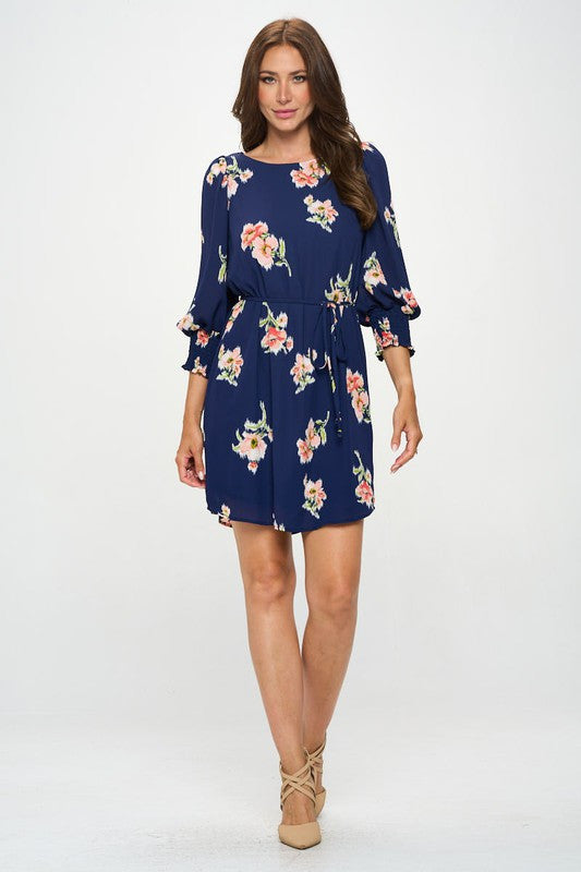 Flower Print Round neck Dress with 3/4 Cuffed Sleeve