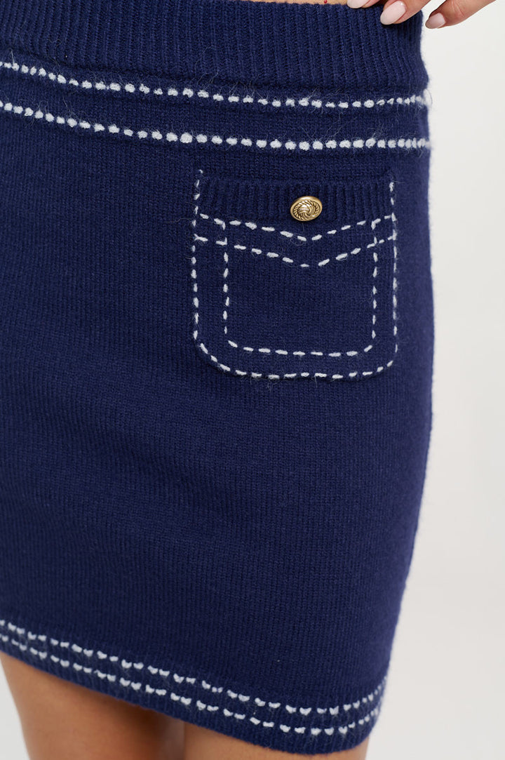 Knit Long Sleeve Cardigan Top with Stitching and Skirt Set