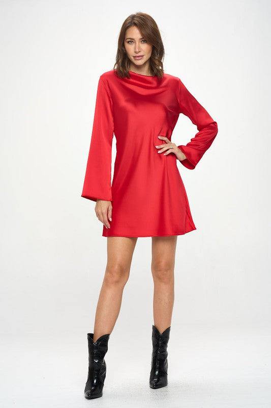 Satin Cowl Neck Long Sleeve Dress