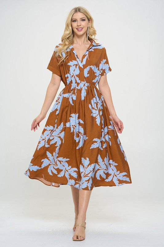 Flower Print Collared V neck �Dress with Pockets