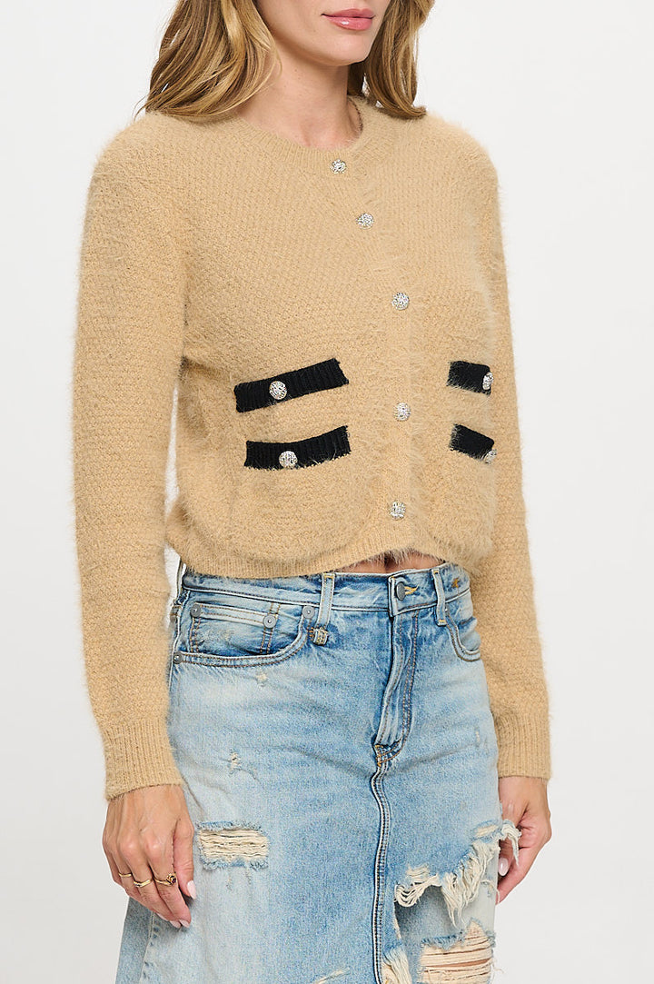 Fuzzy Long Sleeve Cardigan with Two Pockets Detail and Buttons.