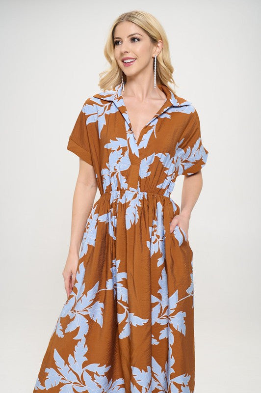 Flower Print Collared V neck �Dress with Pockets