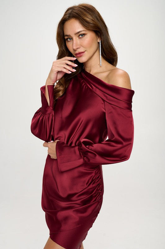Satin Off Shoulder Ruched Asymmetrical Hem Dress with Slit Cuff
