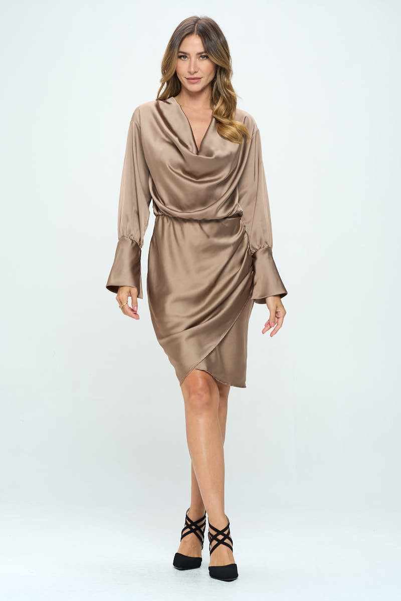 Stretch Satin Cowlneck Dress w/ Asymmetrical Hem