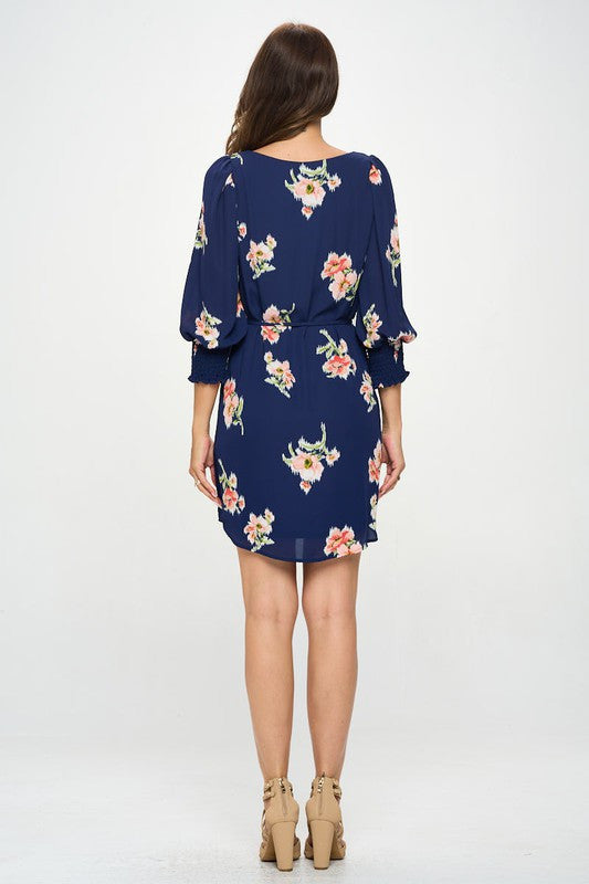 Flower Print Round neck Dress with 3/4 Cuffed Sleeve