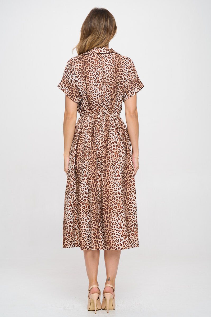 Animal Print Collared V neck Dress with Pockets