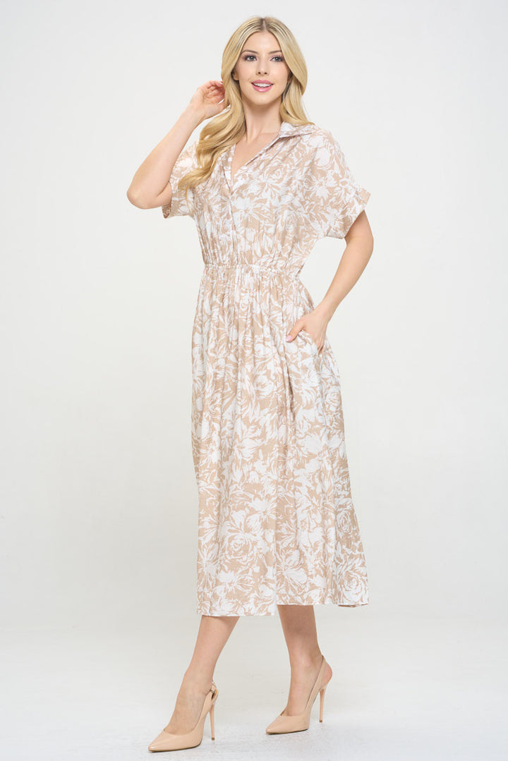 Flower Print Collared V neck Dress with Pockets