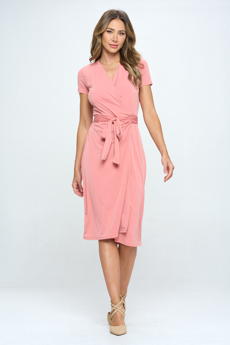 Solid V neck Wrap Dress with Tie
