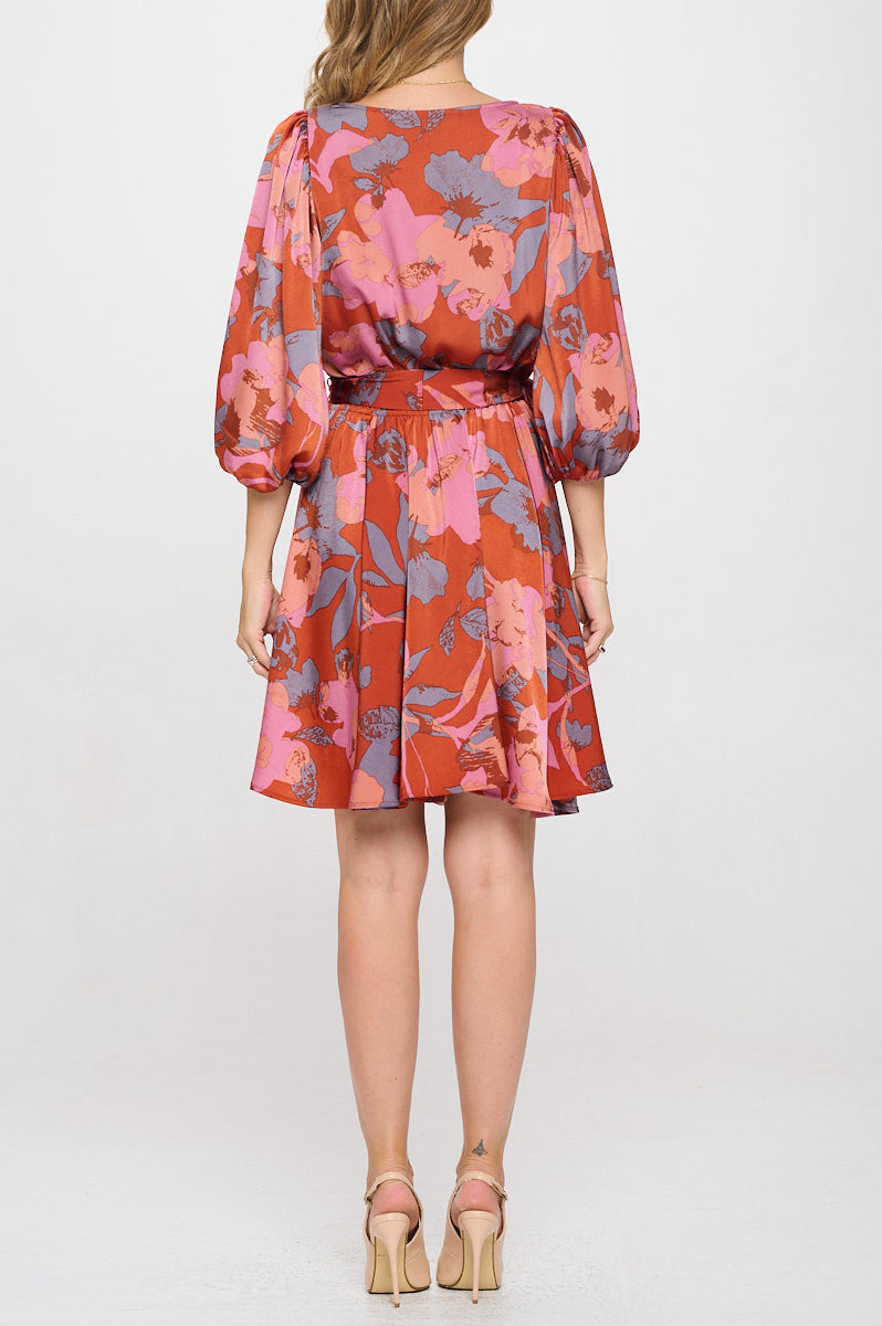 Floral Print Puff Sleeve Dress with Tie