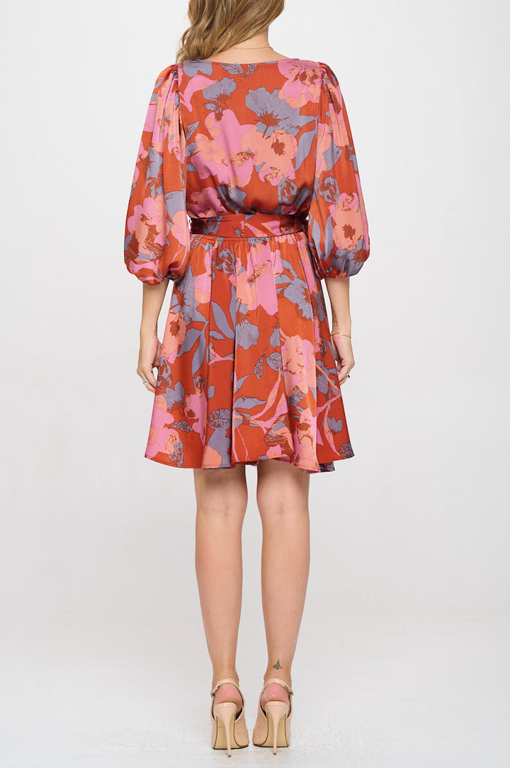 Floral Print Puff Sleeve Dress with Tie