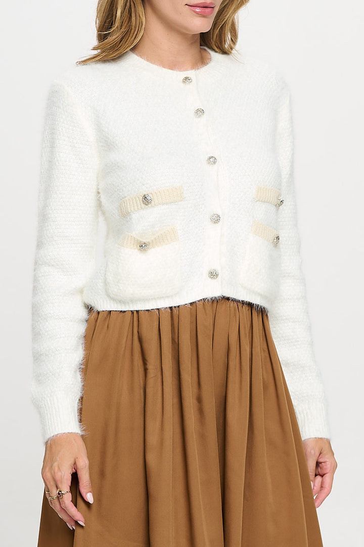 Fuzzy Long Sleeve Cardigan with Two Pockets Detail and Buttons