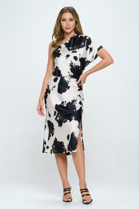 Cow Print Stretch Satin One Shoulder Dress