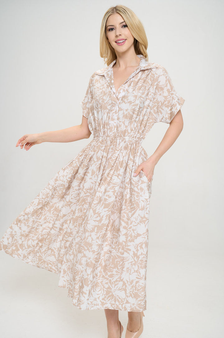 Flower Print Collared V neck Dress with Pockets