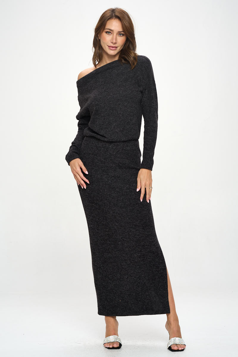 Knit Charcoal Maxi Dress with Dolman Sleeve
