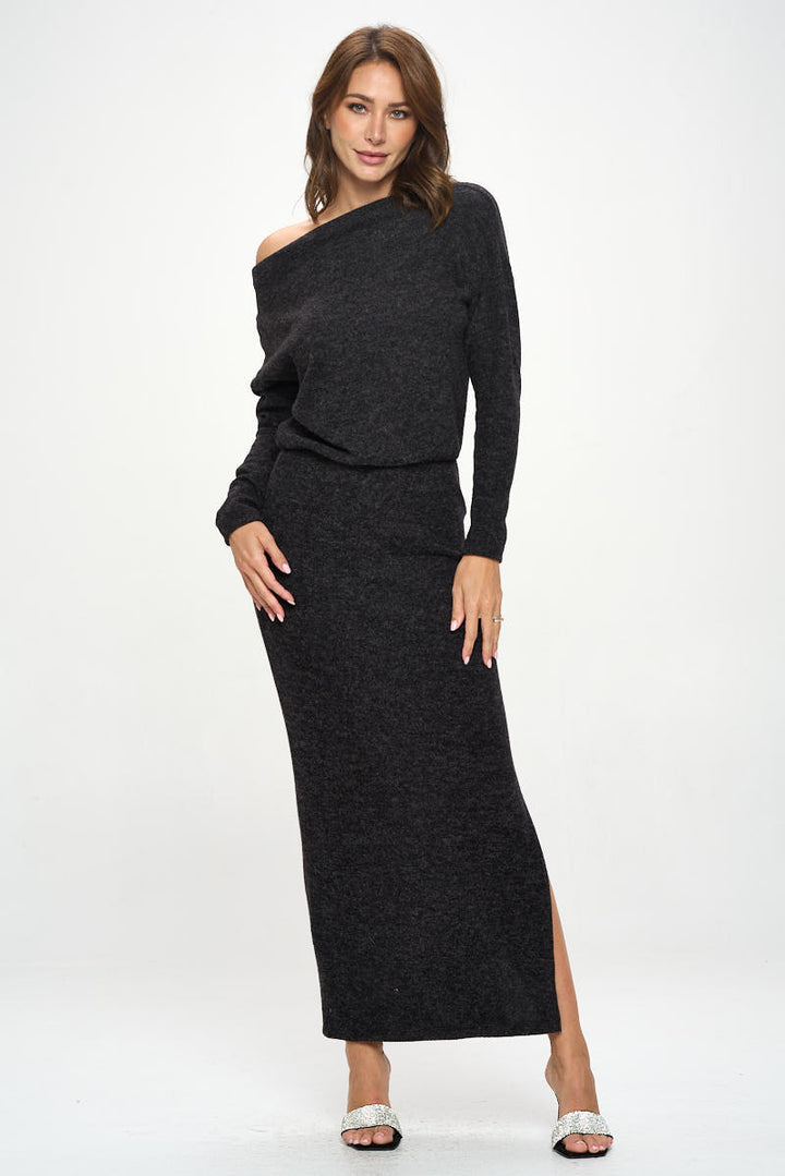 Knit Charcoal Maxi Dress with Dolman Sleeve