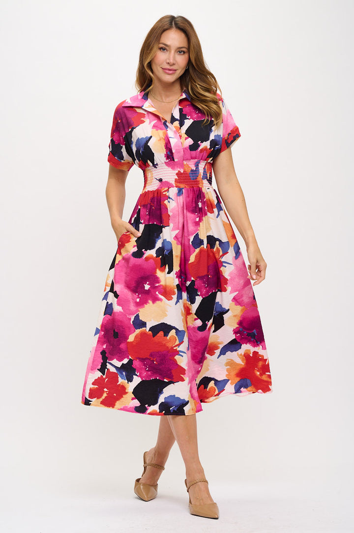 Floral Print V neck Collared Dress with Smock Waist Detail