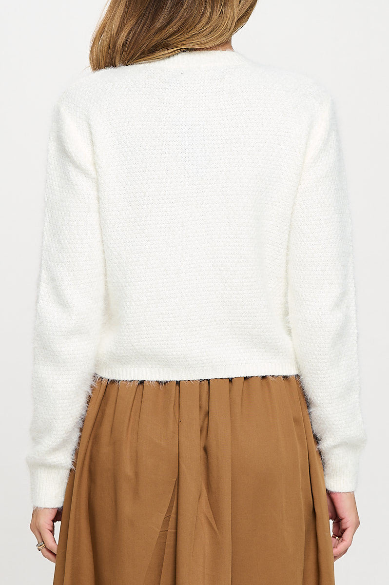 Fuzzy Long Sleeve Cardigan with Two Pockets Detail and Buttons