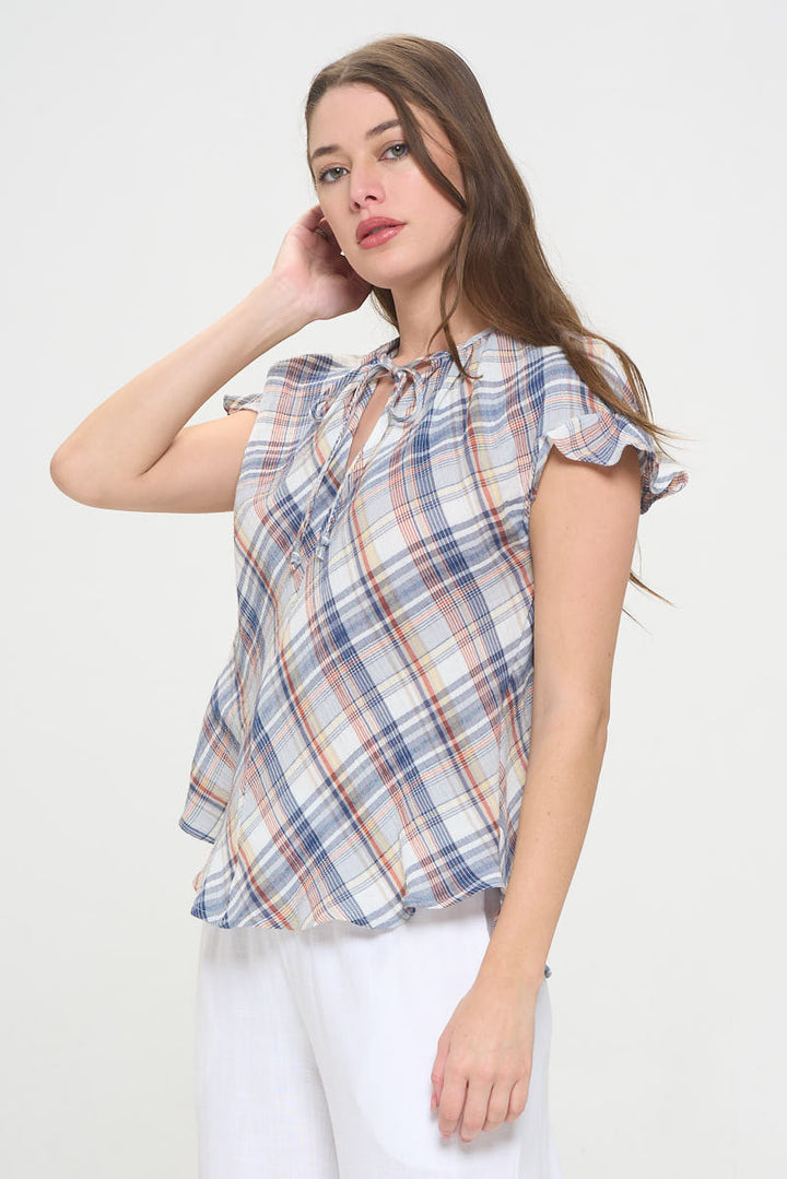Plaid Short Sleeve V neck Top with Ruffle Sleeve and Tie
