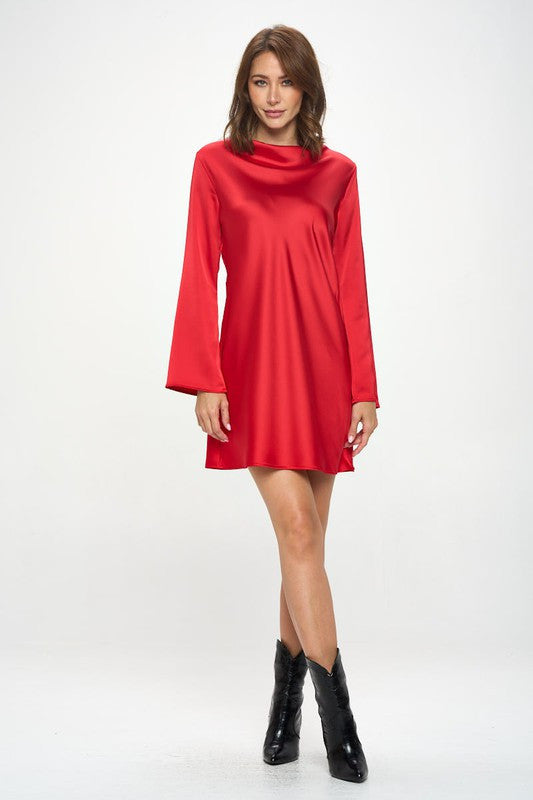 Satin Cowl Neck Long Sleeve Dress