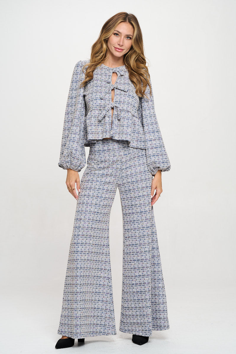 Plaid Tweed Knit with Wide Leg Pants